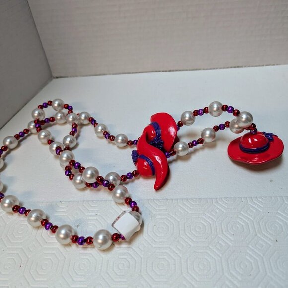 Purple & RED HAT SOCIETY Beaded NECKLACE Faux Pearl 40" Handmade Signed - Picture 9 of 9